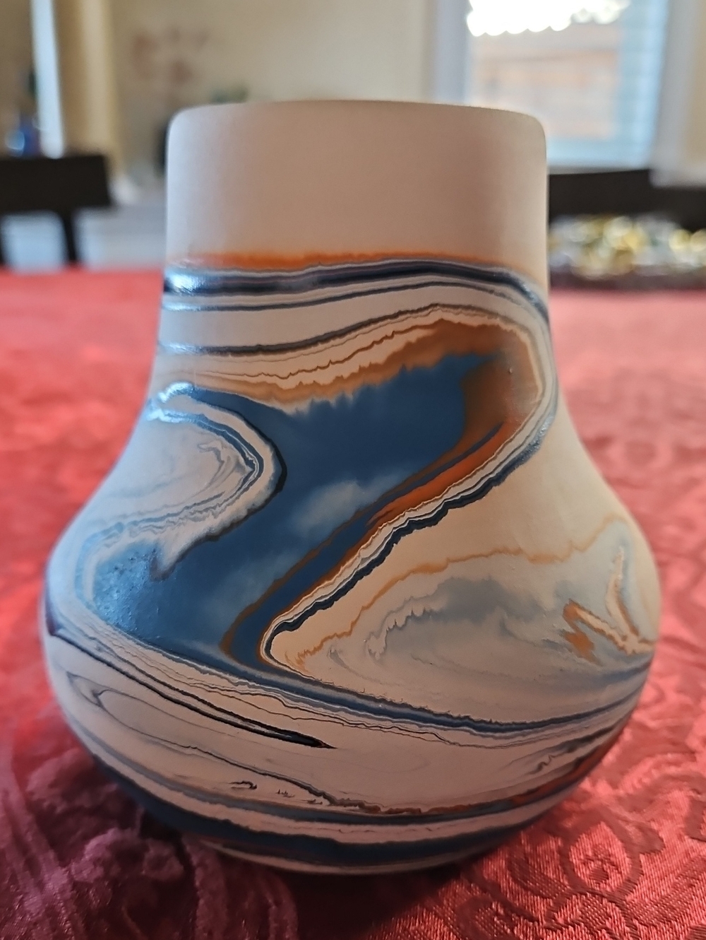 Nemadji Pottery Swirl Vase Blue, Orange, Black & Brown Marbled Native Clay USA